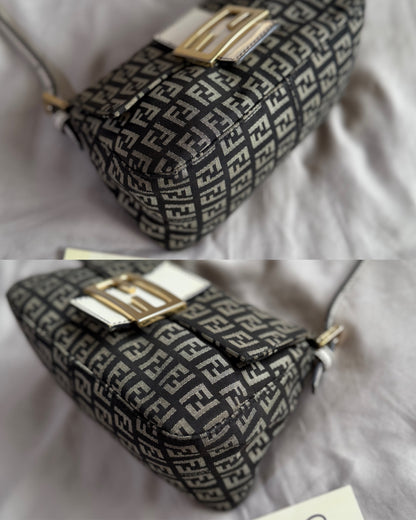 Authentic Vintage Fendi Dark Blue Zucchino Canvas Mini Mamma Baguette Shoulder Bag