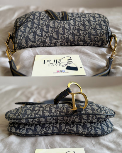Authentic Vintage Christian Dior by John Galliano Navy Trotter Oblique Canvas Double Saddle Bag