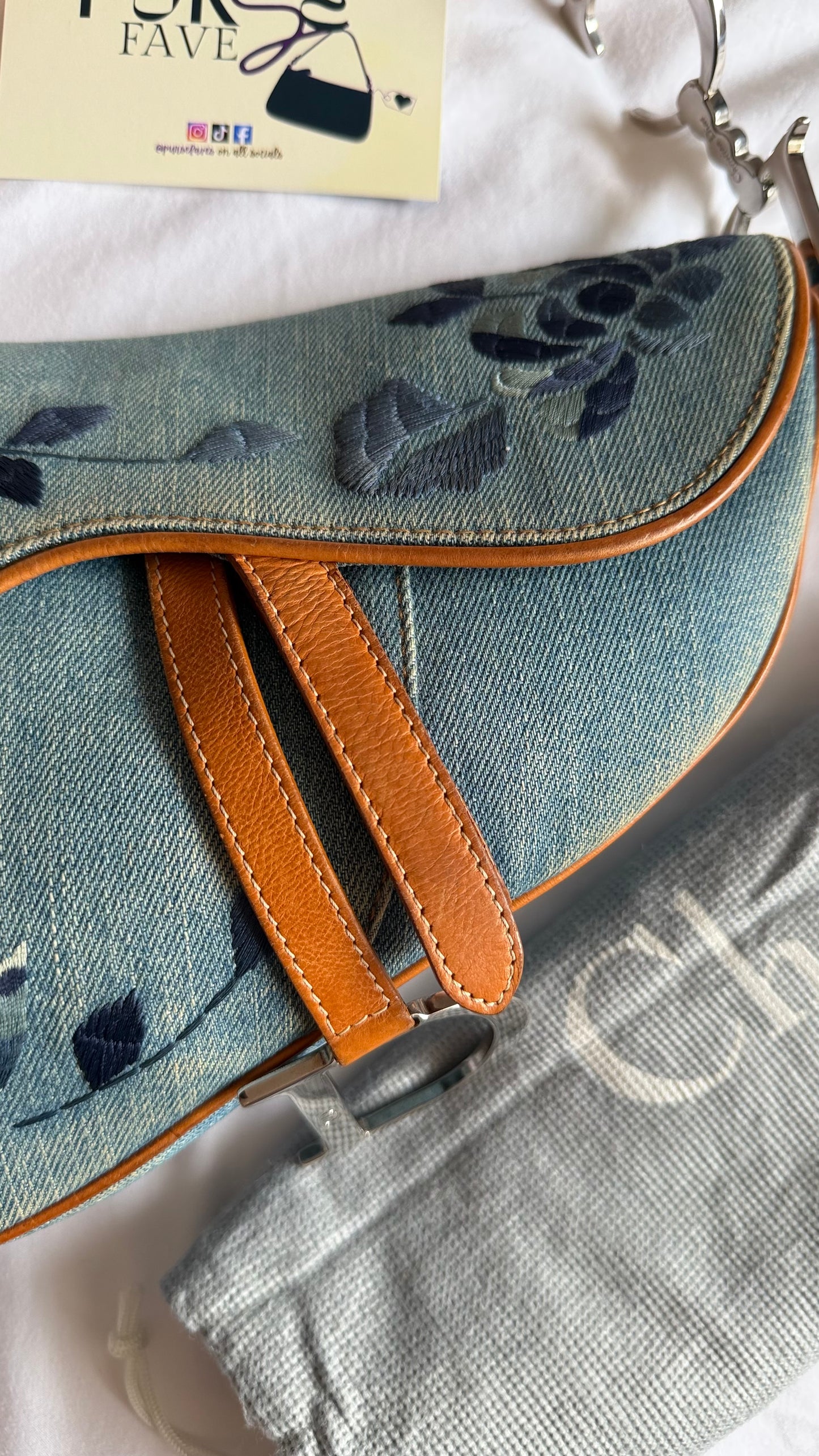 Authentic Vintage Christian Dior Light Blue Denim Saddle Shoulder Bag w/ Embroidered Floral & Butterfly Motifs