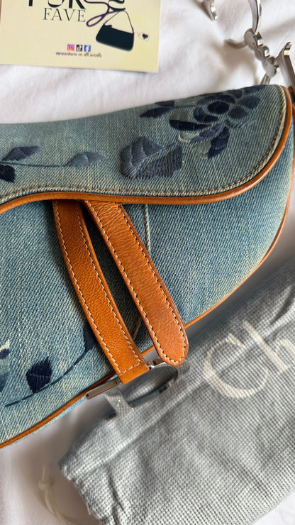 Authentic Vintage Christian Dior Light Blue Denim Saddle Shoulder Bag w/ Embroidered Floral & Butterfly Motifs