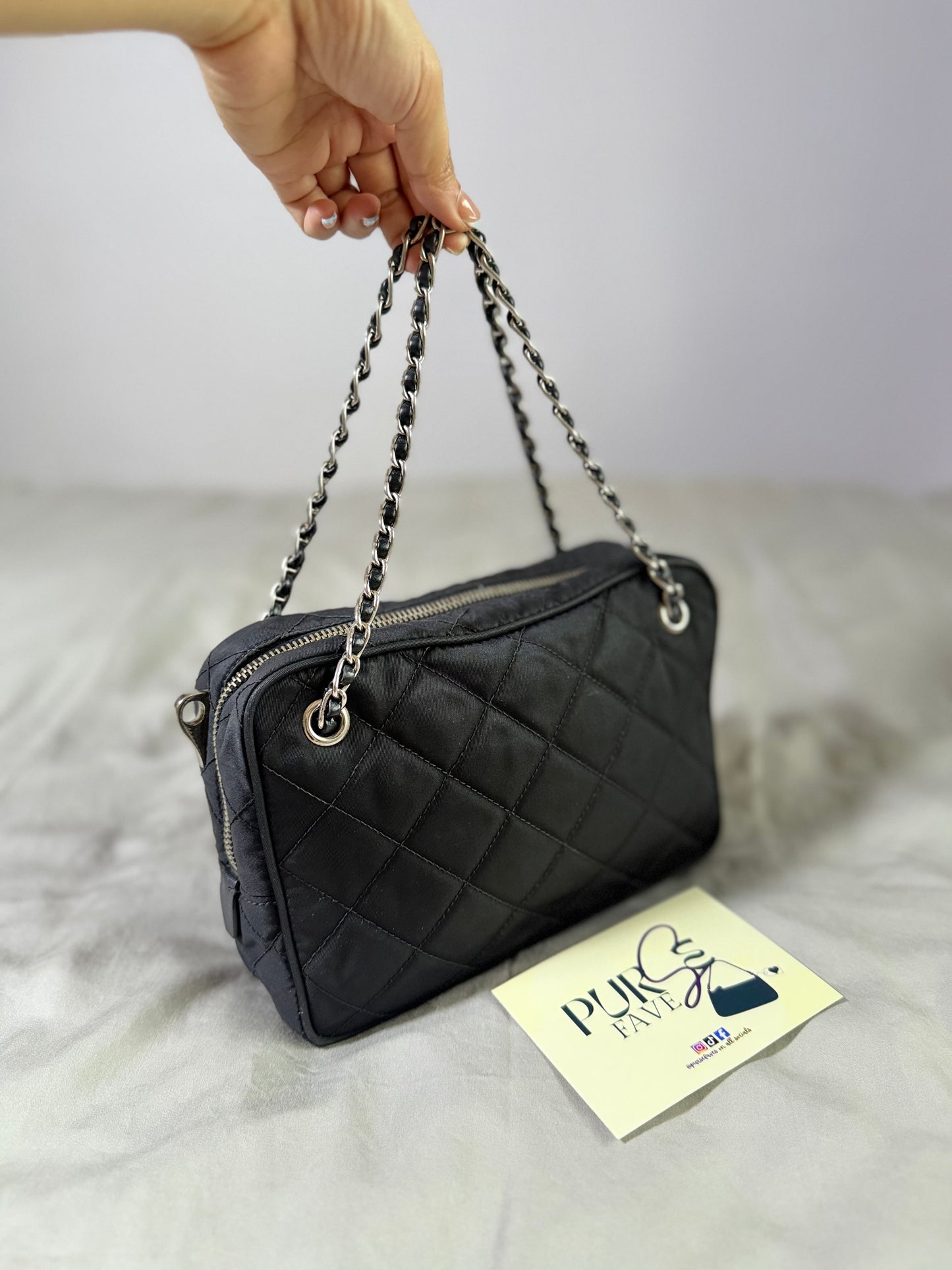 Authentic PRADA Nylon Tessuto Impuntu Quilted Black Bandoliera Mini Top Handle Bag