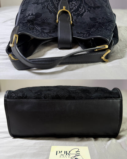Authentic GUCCI Brocade Black Nubuck & Suede Soft Horsebit Stirrup Tote