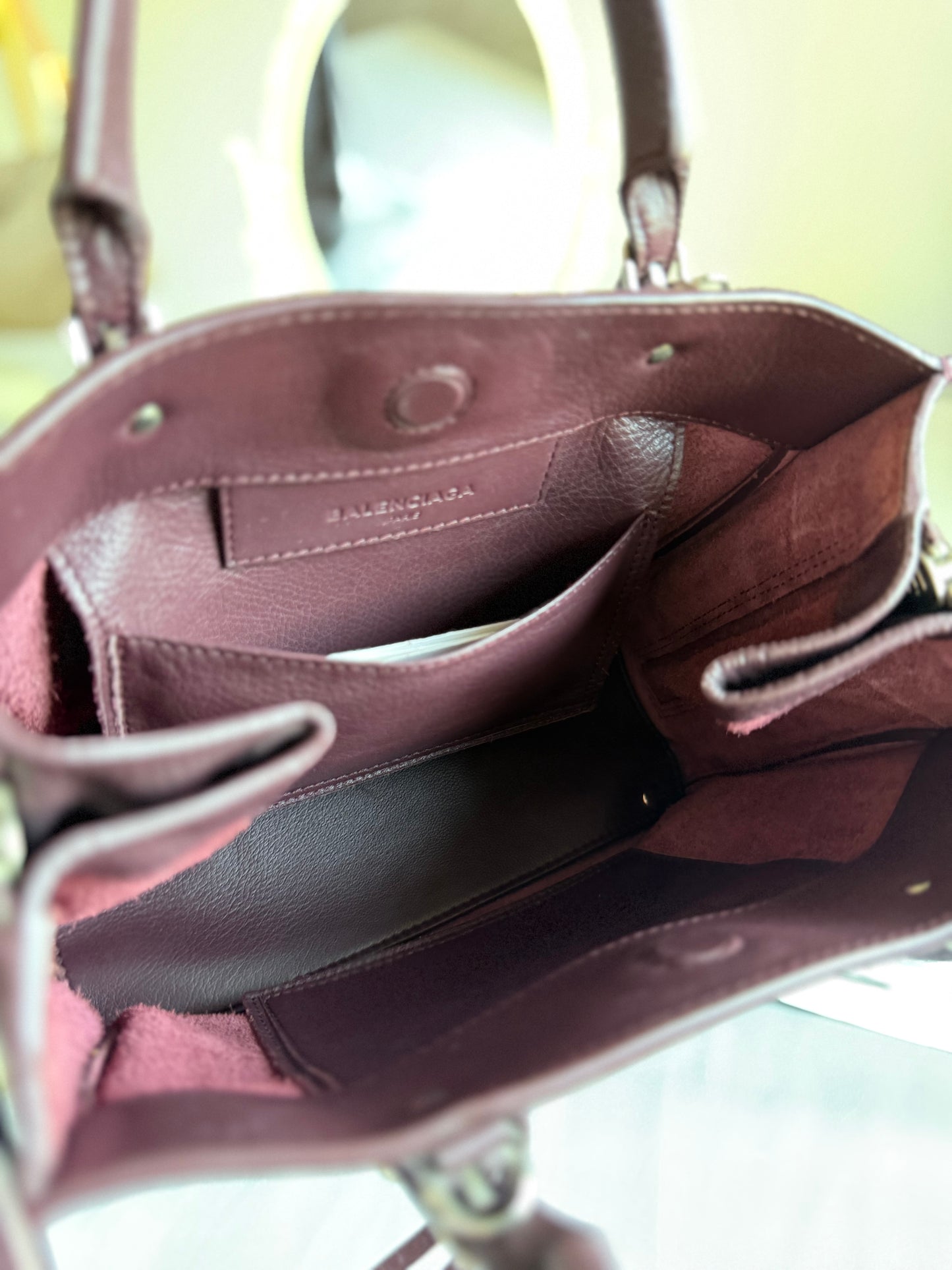 Authentic BALENCIAGA Burgundy Wine Calfskin Leather Mini Papier A4 Magnet Tote Bag
