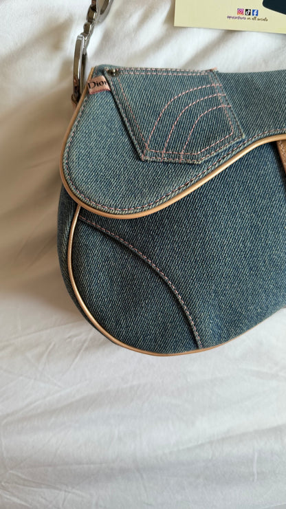 Authentic Vintage Christian Dior Light Blue Denim with Pocket Saddle Shoulder Bag