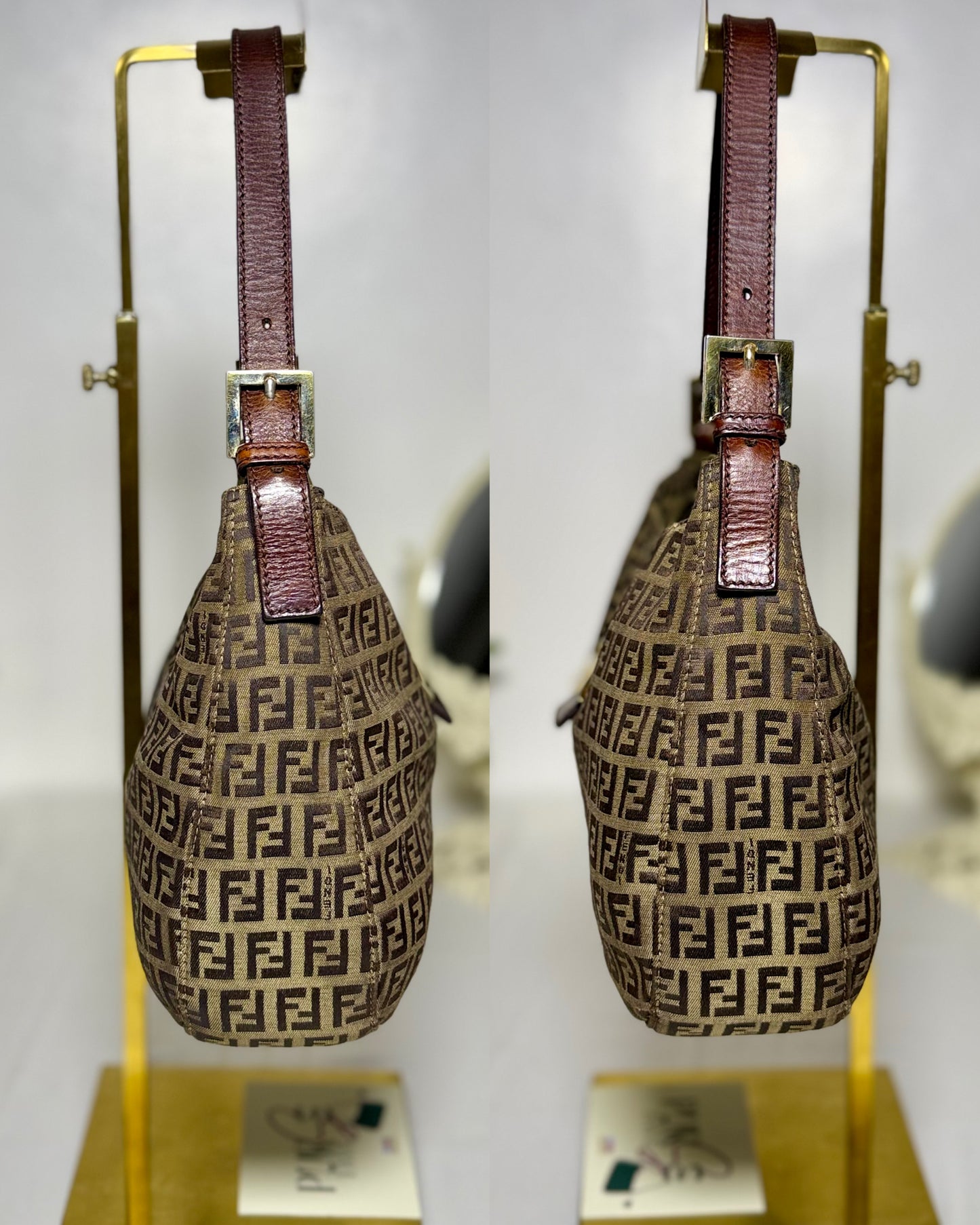 Authentic FENDI Beige / Brown Zucchino Canvas Hobo Trimmed Mamma Baguette Shoulder Bag