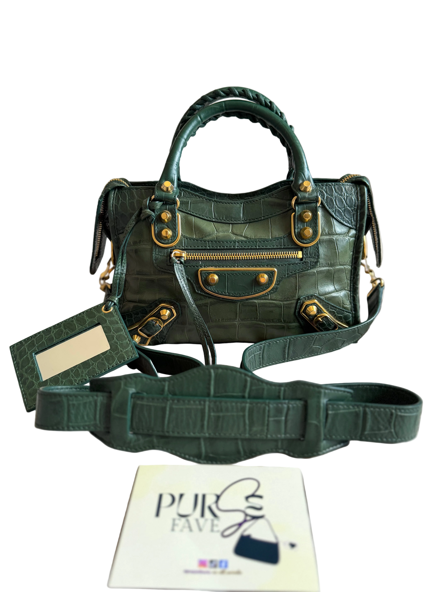 Authentic BALENCIAGA Green Croc-Embossed Leather Mini Classic Metallic Edge City Bag