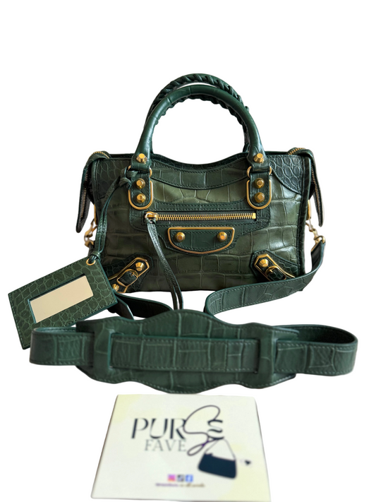 Authentic BALENCIAGA Green Croc-Embossed Leather Mini Classic Metallic Edge City Bag