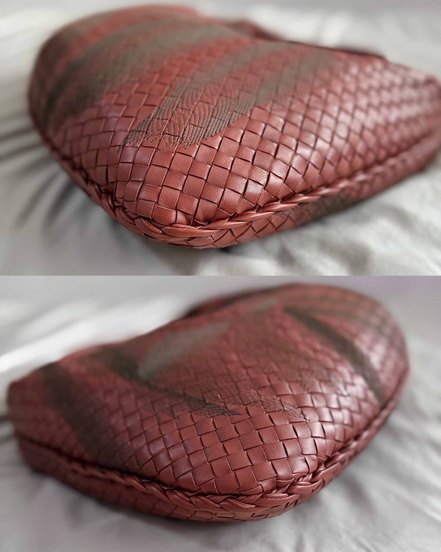 Authentic Vintage Bottega Veneta Burgundy Intrecciato Woven Nappa Leather Embroidered Large Hobo Bag
