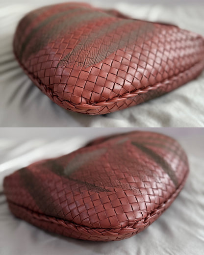 Authentic Vintage Bottega Veneta Burgundy Intrecciato Woven Nappa Leather Embroidered Large Hobo Bag
