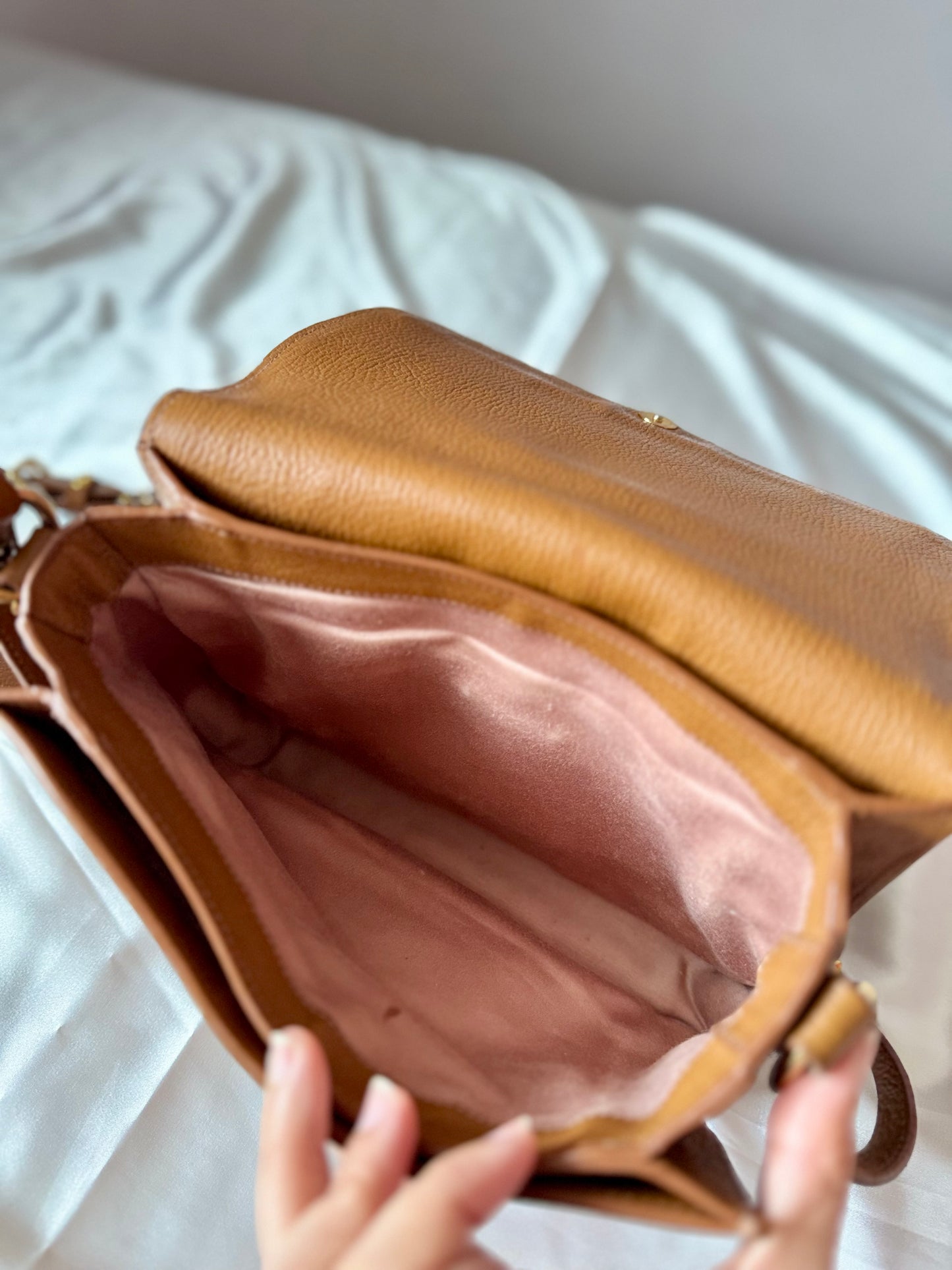 Authentic MIU MIU Madras Ribbon Camel Brown Leather Crystal Studs Embellished Shoulder Crossbody Bag