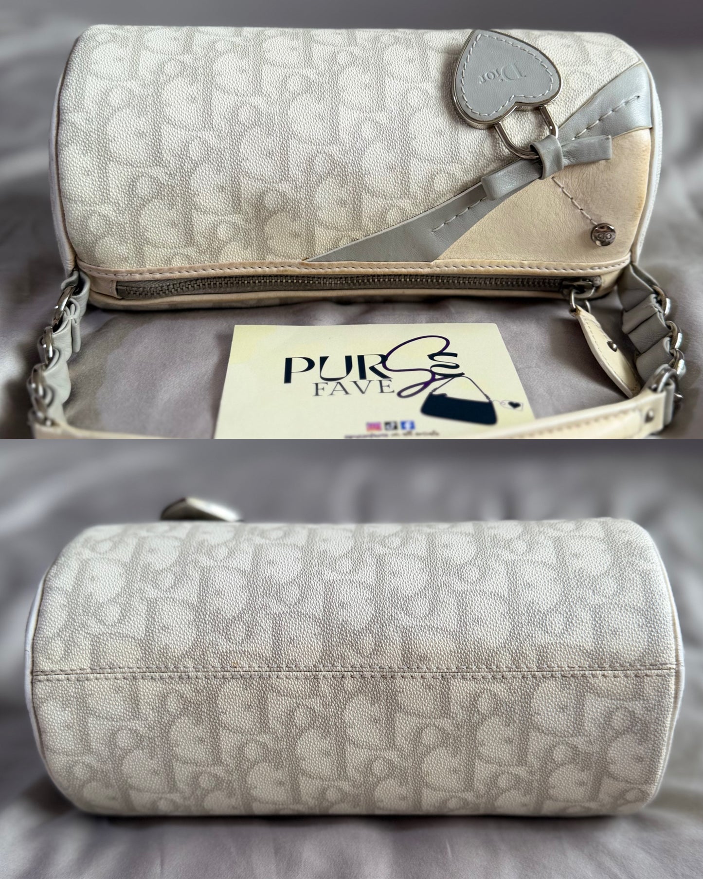 Authentic Vintage Christian Dior by John Galliano White x Grey Trotter Romantic Mini Boston Barrel Bag