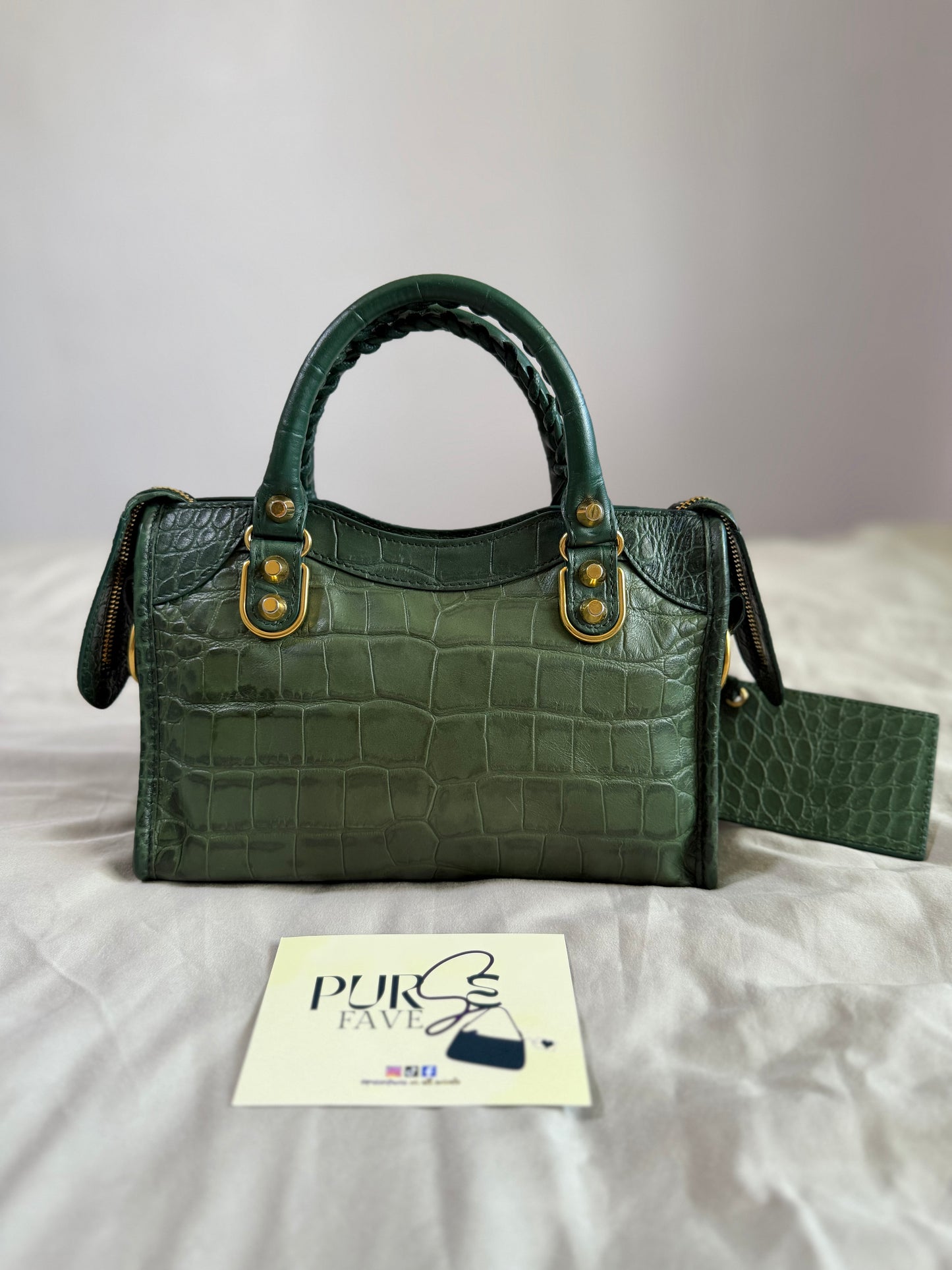 Authentic BALENCIAGA Green Croc-Embossed Leather Mini Classic Metallic Edge City Bag