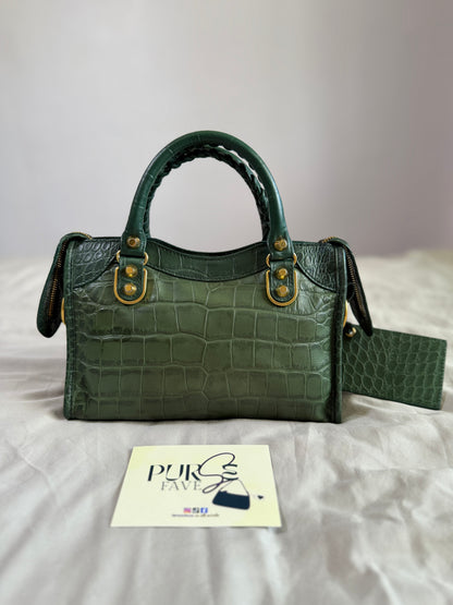 Authentic BALENCIAGA Green Croc-Embossed Leather Mini Classic Metallic Edge City Bag