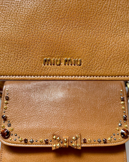 Authentic MIU MIU Madras Ribbon Camel Brown Leather Crystal Studs Embellished Shoulder Crossbody Bag