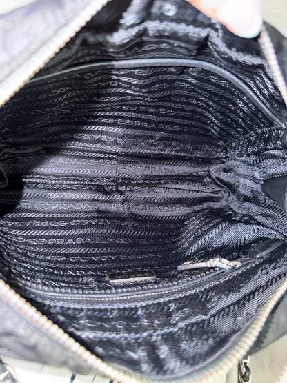 Authentic PRADA Nylon Tessuto Impuntu Quilted Black Bandoliera Mini Top Handle Bag