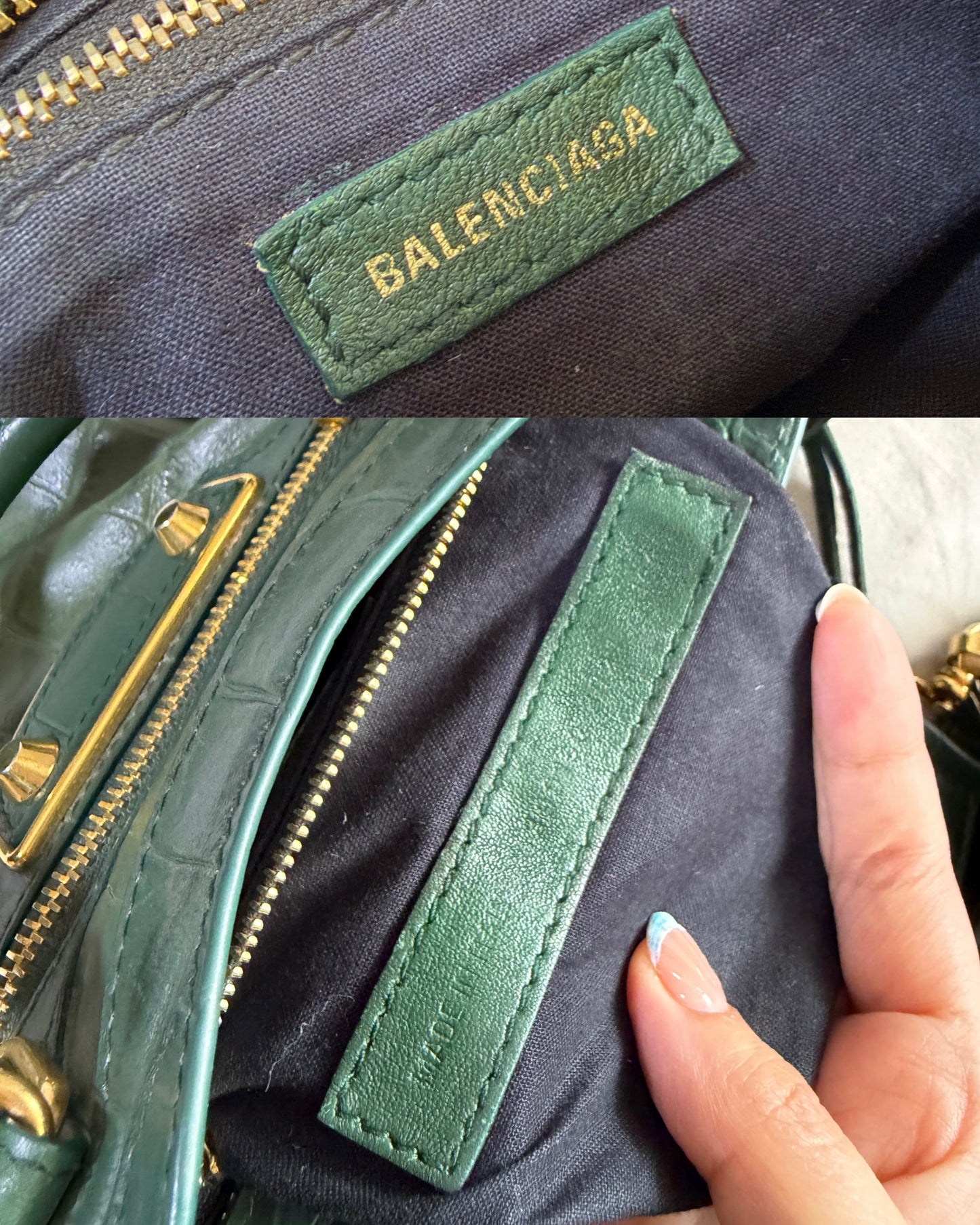 Authentic BALENCIAGA Green Croc-Embossed Leather Mini Classic Metallic Edge City Bag