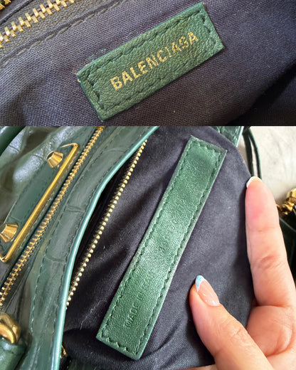 Authentic BALENCIAGA Green Croc-Embossed Leather Mini Classic Metallic Edge City Bag