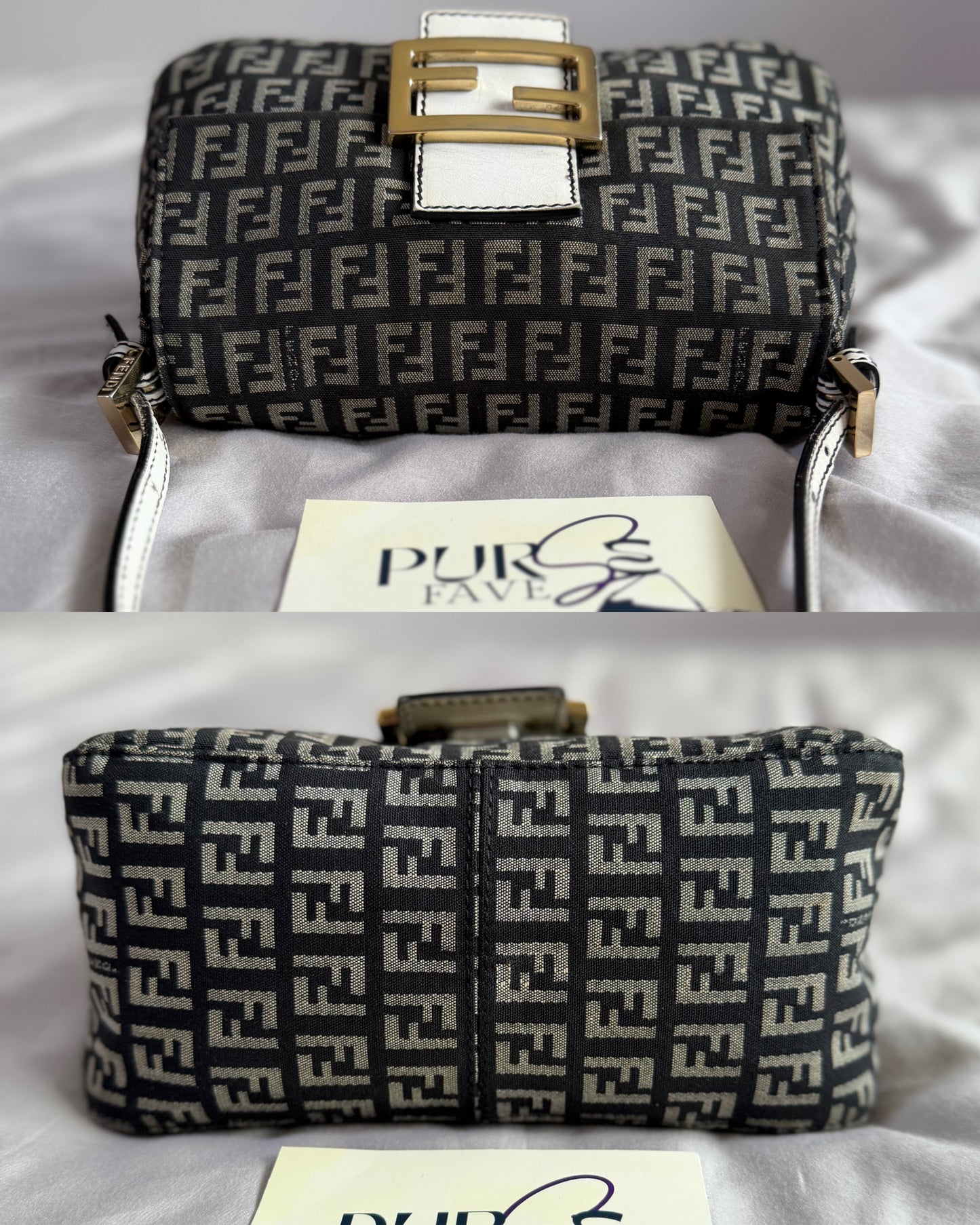 Authentic Vintage Fendi Dark Blue Zucchino Canvas Mini Mamma Baguette Shoulder Bag