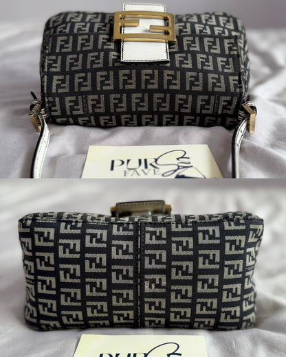 Authentic Vintage Fendi Dark Blue Zucchino Canvas Mini Mamma Baguette Shoulder Bag
