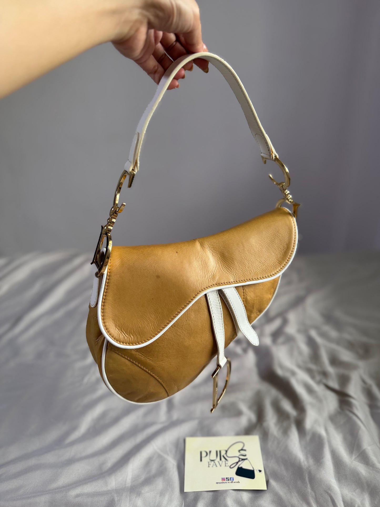 Authentic Vintage Christian Dior by John Galliano Tan Calfskin x White Leather Saddle Bag
