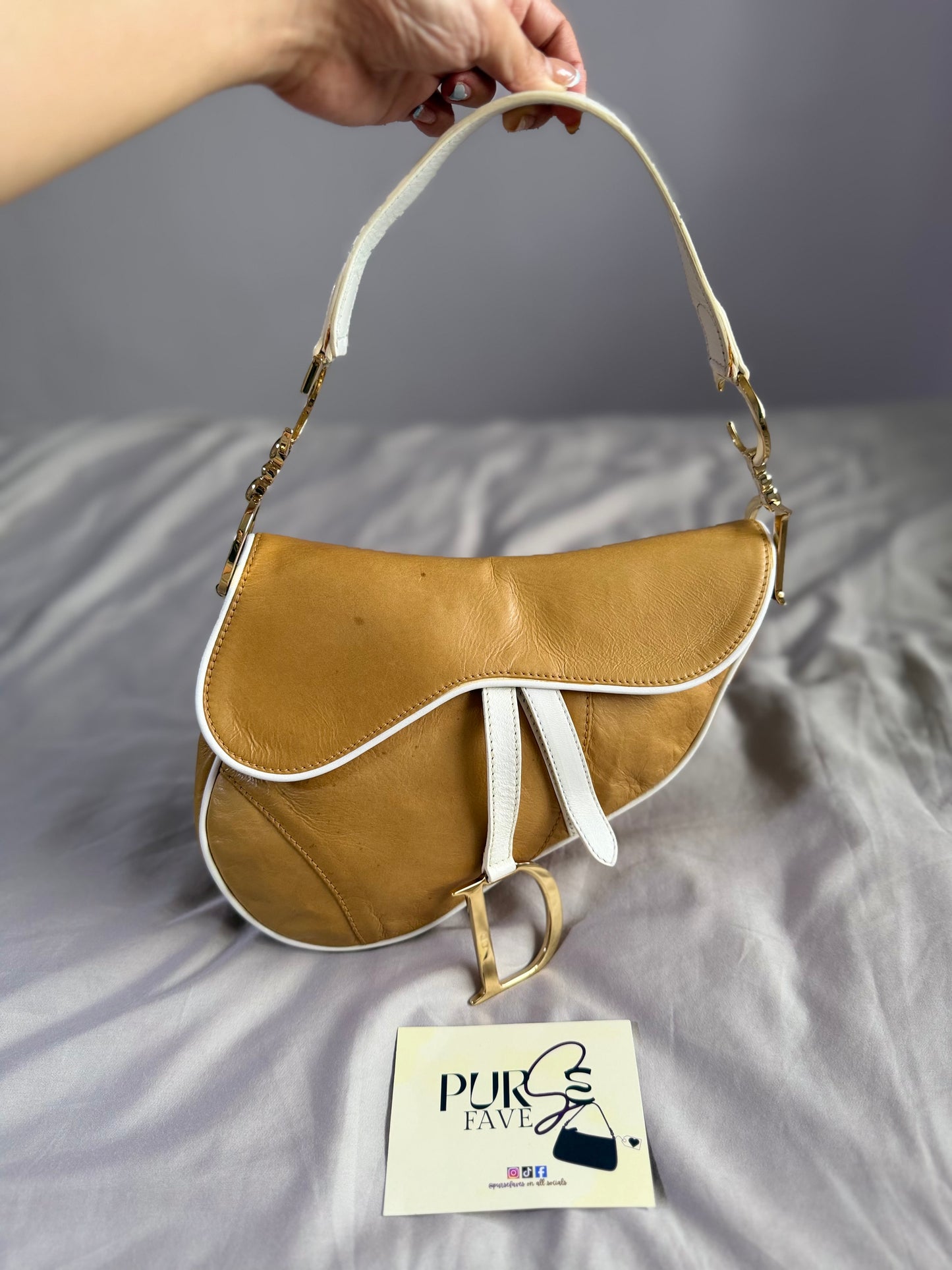 Authentic Vintage Christian Dior by John Galliano Tan Calfskin x White Leather Saddle Bag