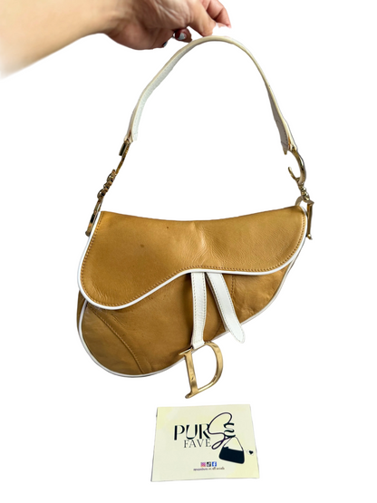 Authentic Vintage Christian Dior by John Galliano Tan Calfskin x White Leather Saddle Bag