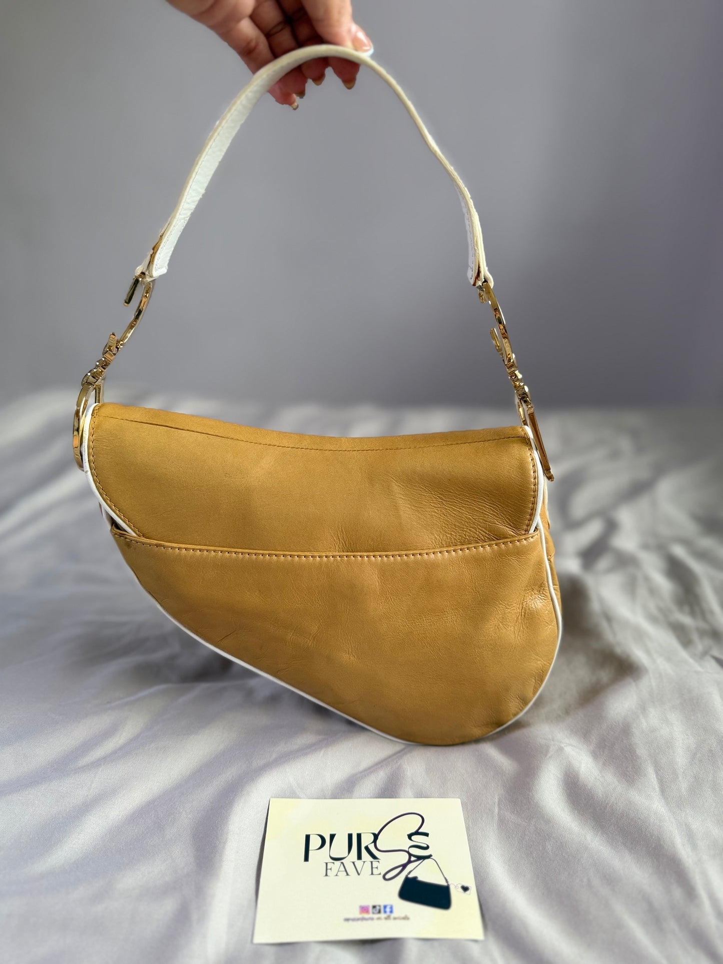 Authentic Vintage Christian Dior by John Galliano Tan Calfskin x White Leather Saddle Bag