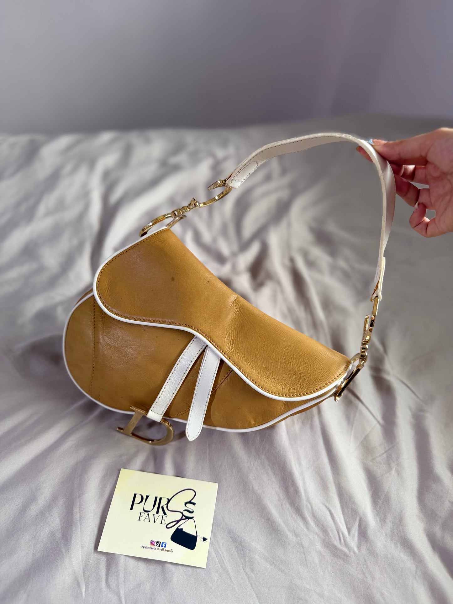 Authentic Vintage Christian Dior by John Galliano Tan Calfskin x White Leather Saddle Bag