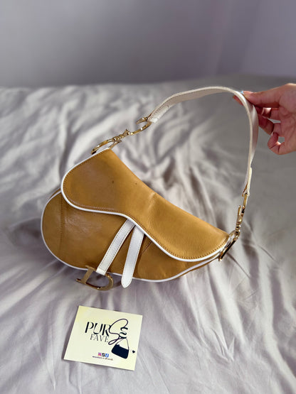 Authentic Vintage Christian Dior by John Galliano Tan Calfskin x White Leather Saddle Bag