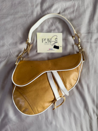 Authentic Vintage Christian Dior by John Galliano Tan Calfskin x White Leather Saddle Bag