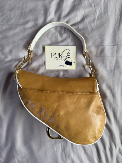 Authentic Vintage Christian Dior by John Galliano Tan Calfskin x White Leather Saddle Bag