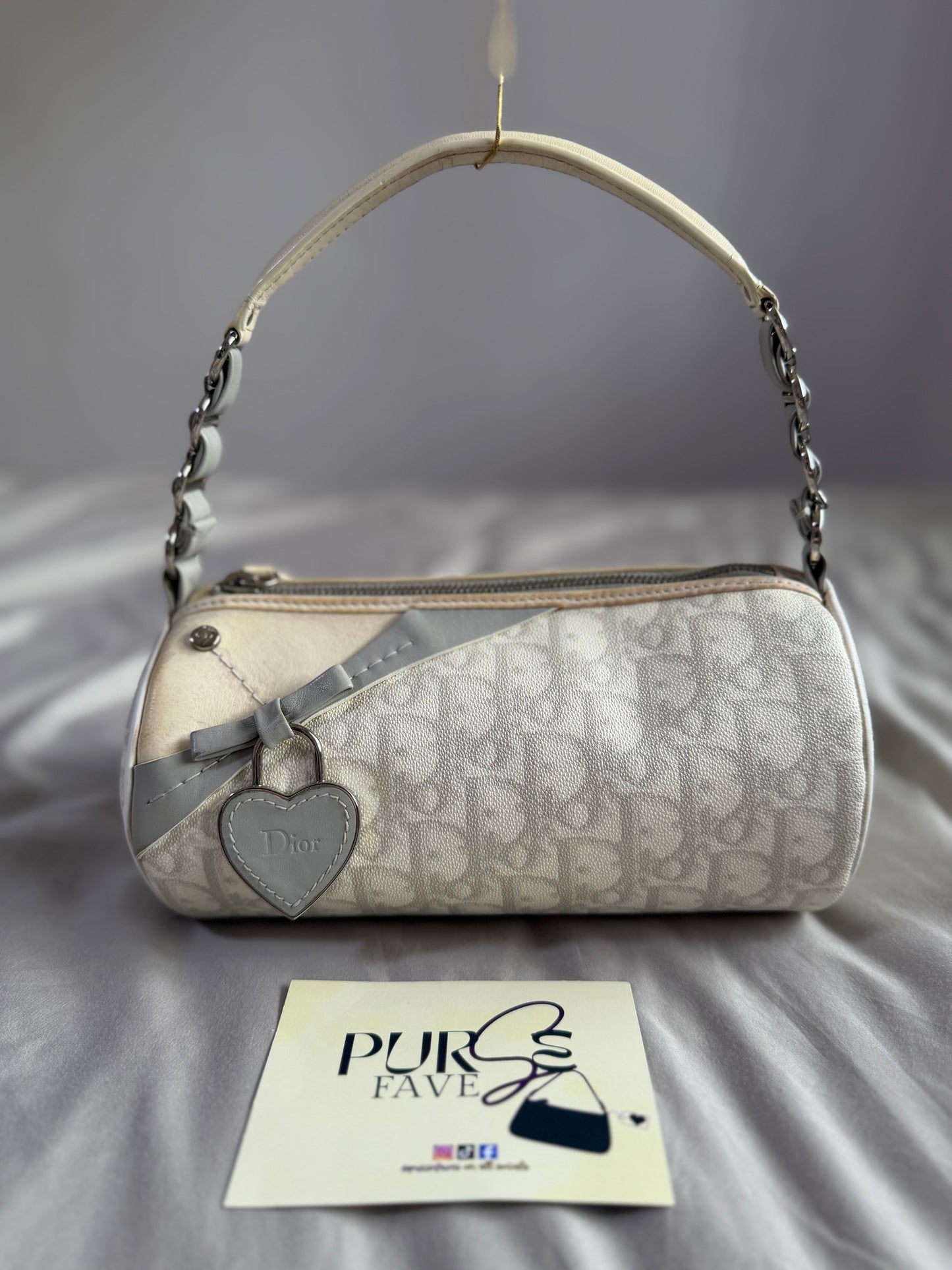 Authentic Vintage Christian Dior by John Galliano White x Grey Trotter Romantic Mini Boston Barrel Bag