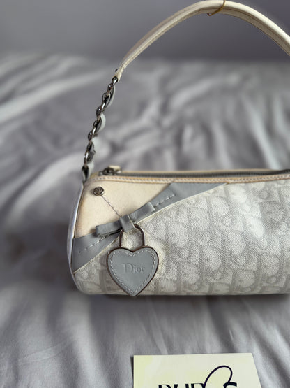 Authentic Vintage Christian Dior by John Galliano White x Grey Trotter Romantic Mini Boston Barrel Bag