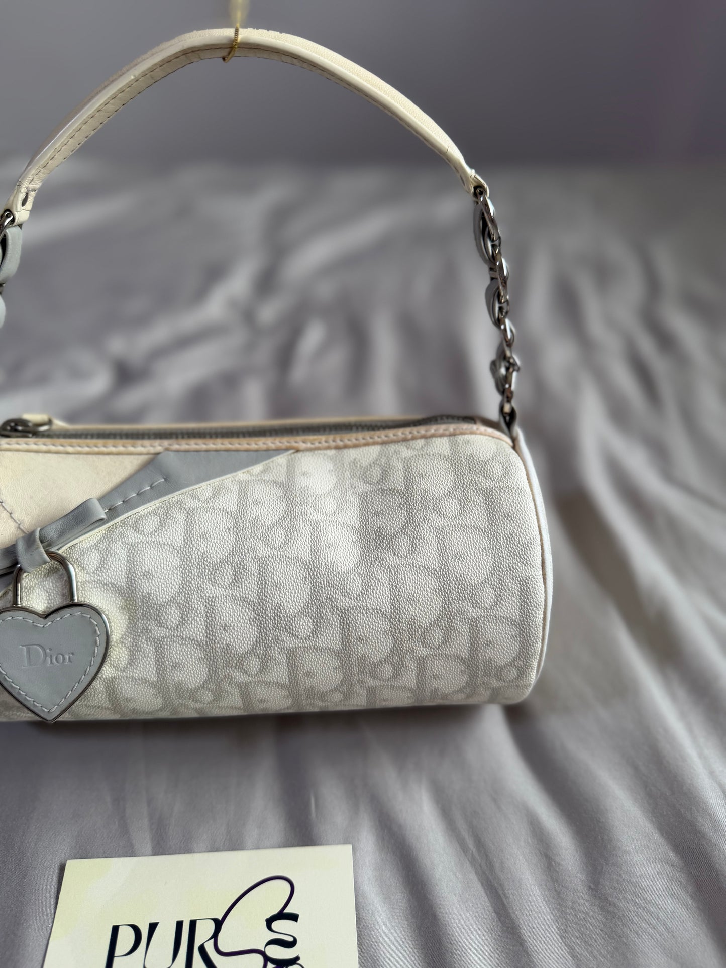 Authentic Vintage Christian Dior by John Galliano White x Grey Trotter Romantic Mini Boston Barrel Bag