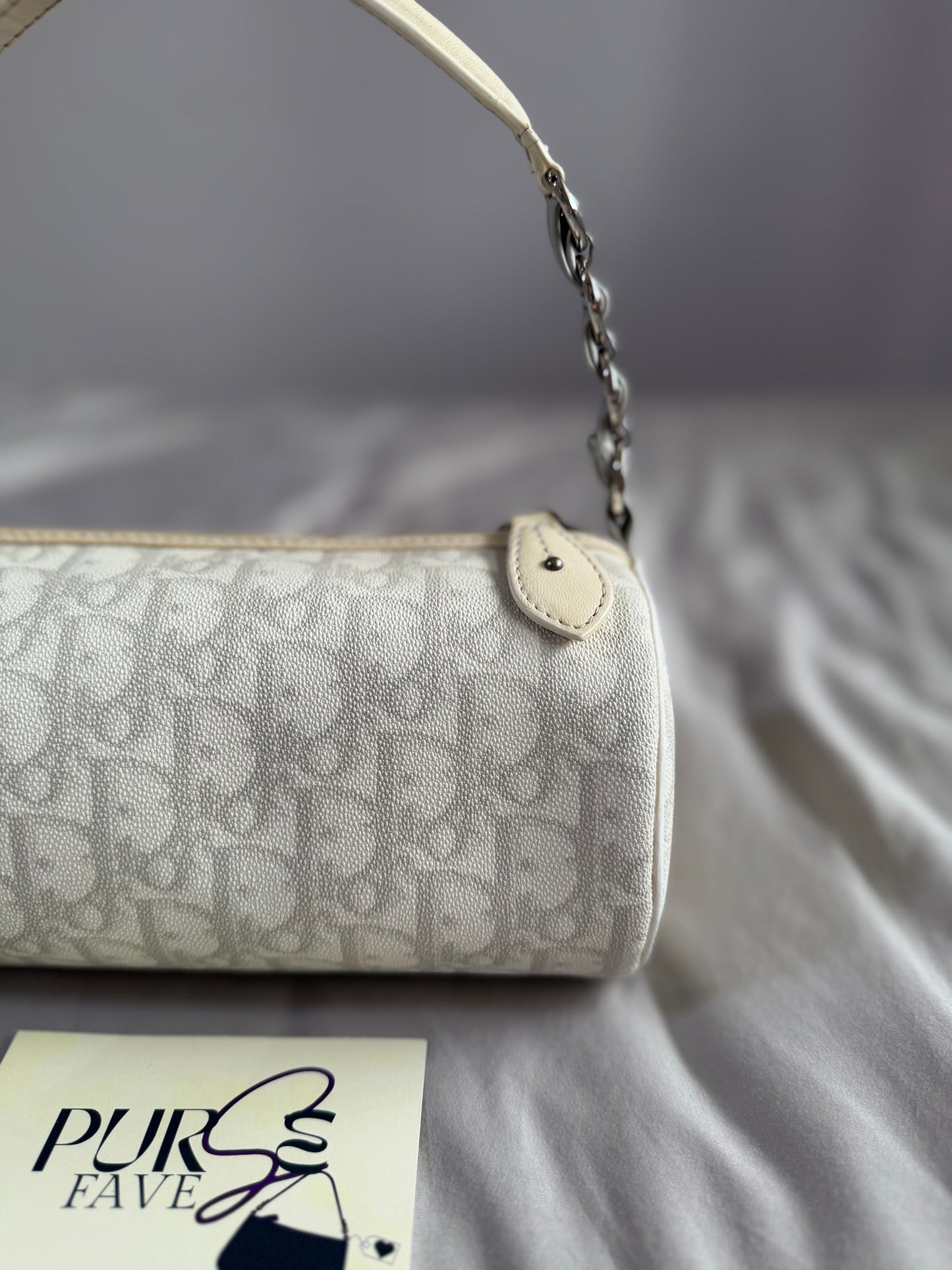 Authentic Vintage Christian Dior by John Galliano White x Grey Trotter Romantic Mini Boston Barrel Bag