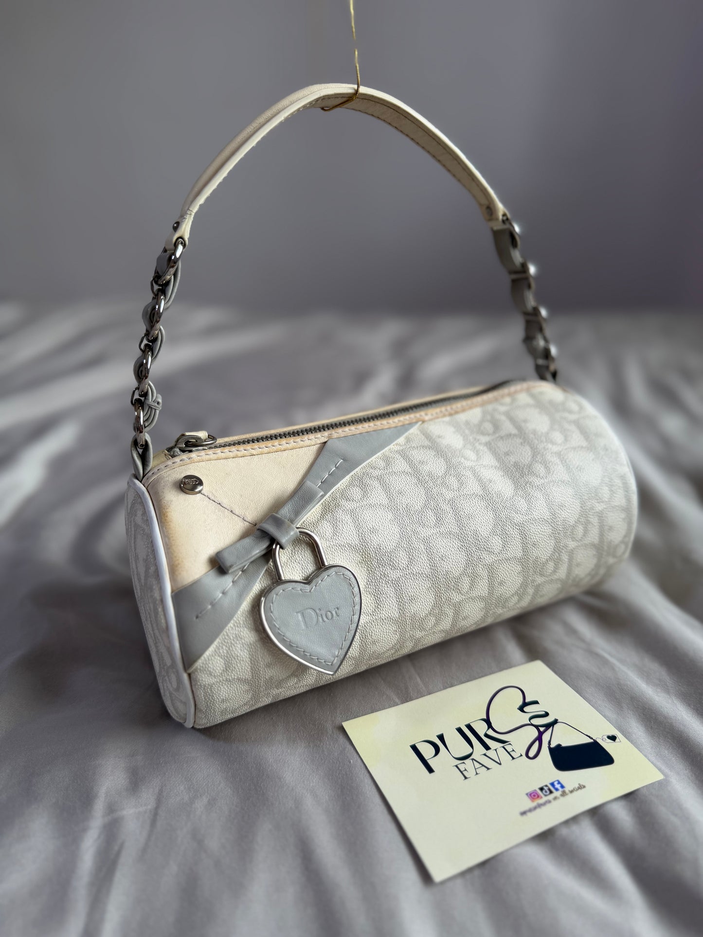 Authentic Vintage Christian Dior by John Galliano White x Grey Trotter Romantic Mini Boston Barrel Bag