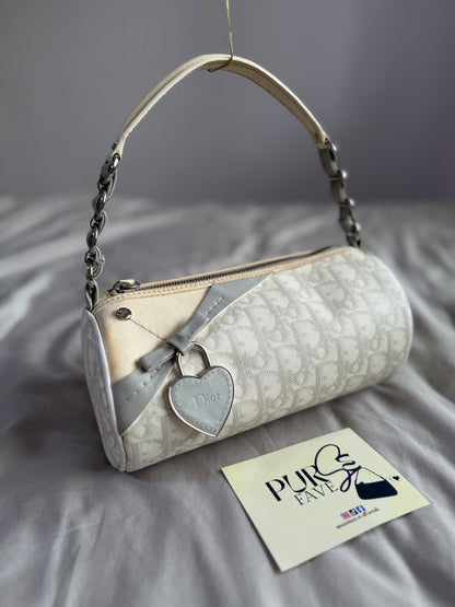 Authentic Vintage Christian Dior by John Galliano White x Grey Trotter Romantic Mini Boston Barrel Bag