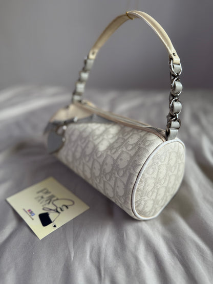 Authentic Vintage Christian Dior by John Galliano White x Grey Trotter Romantic Mini Boston Barrel Bag