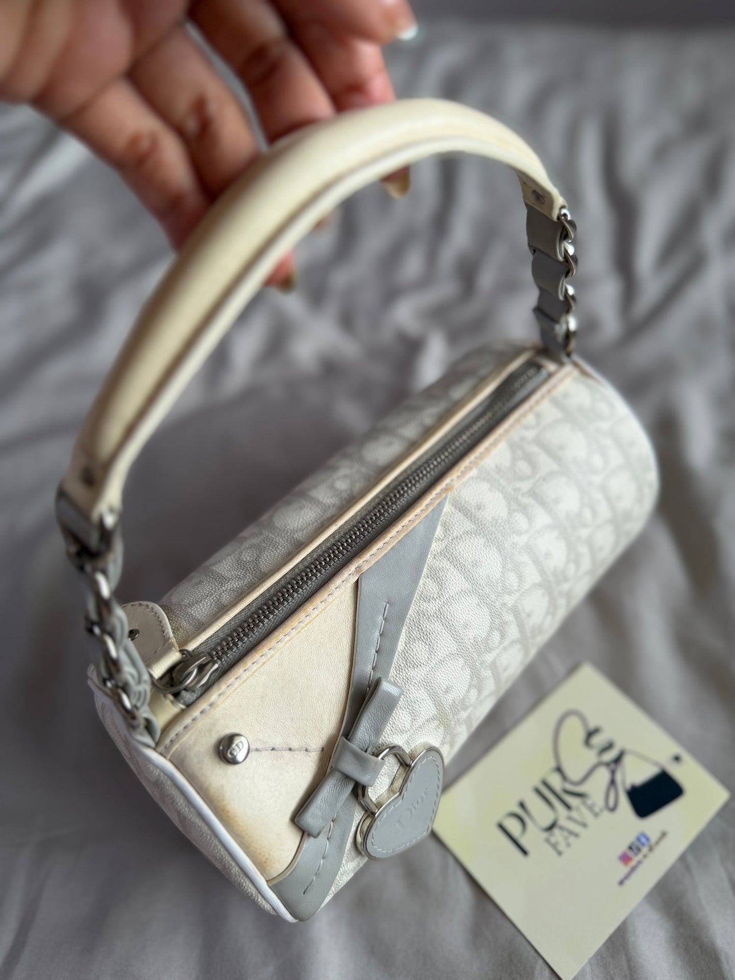 Authentic Vintage Christian Dior by John Galliano White x Grey Trotter Romantic Mini Boston Barrel Bag