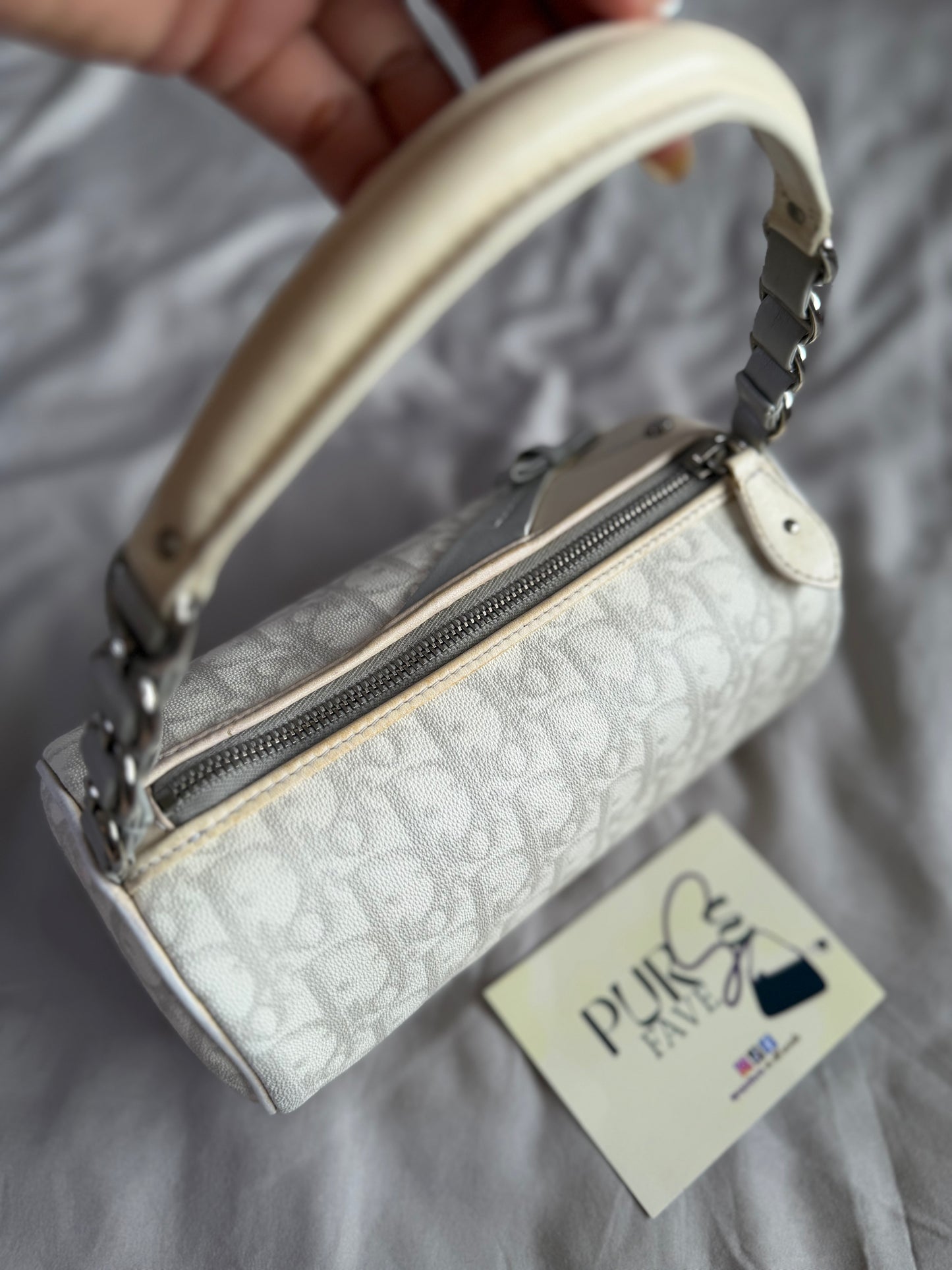 Authentic Vintage Christian Dior by John Galliano White x Grey Trotter Romantic Mini Boston Barrel Bag