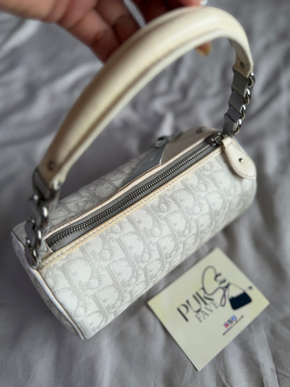 Authentic Vintage Christian Dior by John Galliano White x Grey Trotter Romantic Mini Boston Barrel Bag