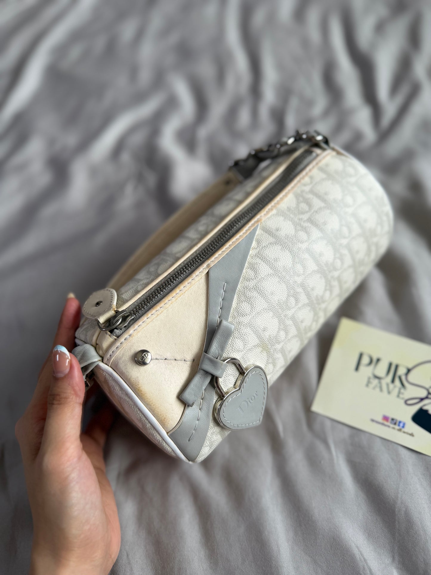 Authentic Vintage Christian Dior by John Galliano White x Grey Trotter Romantic Mini Boston Barrel Bag