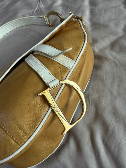 Authentic Vintage Christian Dior by John Galliano Tan Calfskin x White Leather Saddle Bag