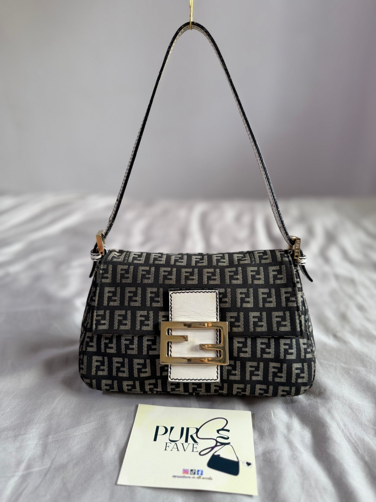 Authentic Vintage Fendi Dark Blue Zucchino Canvas Mini Mamma Baguette Shoulder Bag
