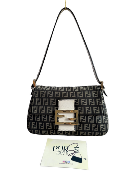 Authentic Vintage Fendi Dark Blue Zucchino Canvas Mini Mamma Baguette Shoulder Bag