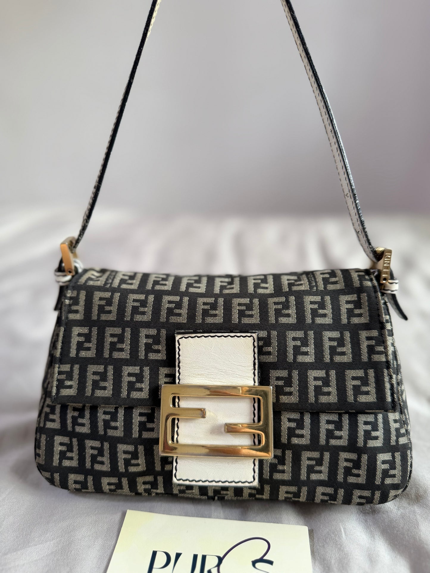 Authentic Vintage Fendi Dark Blue Zucchino Canvas Mini Mamma Baguette Shoulder Bag