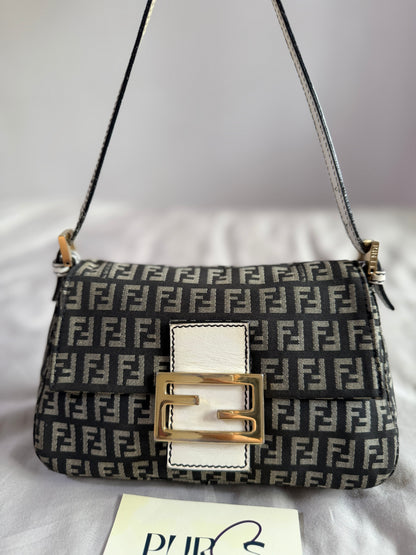 Authentic Vintage Fendi Dark Blue Zucchino Canvas Mini Mamma Baguette Shoulder Bag