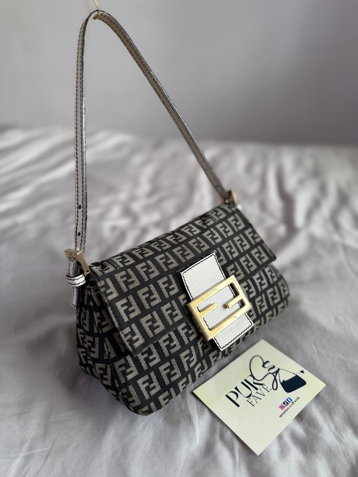 Authentic Vintage Fendi Dark Blue Zucchino Canvas Mini Mamma Baguette Shoulder Bag