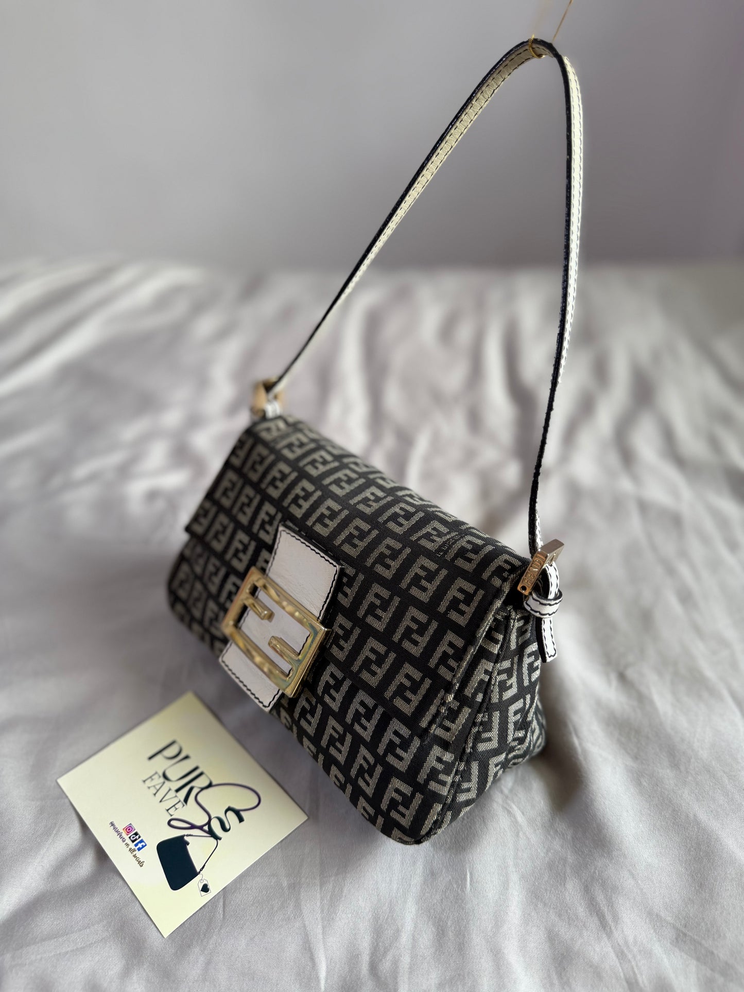 Authentic Vintage Fendi Dark Blue Zucchino Canvas Mini Mamma Baguette Shoulder Bag