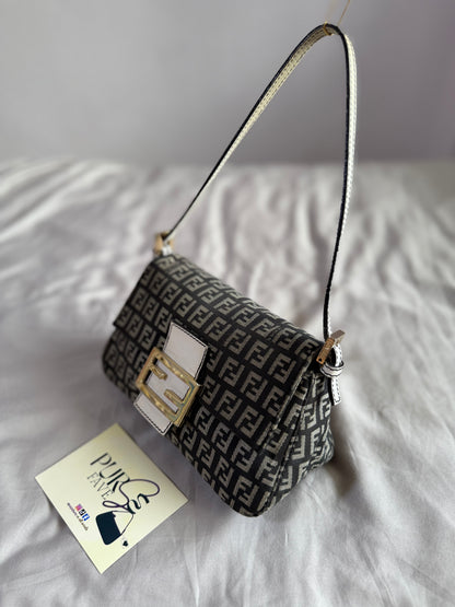 Authentic Vintage Fendi Dark Blue Zucchino Canvas Mini Mamma Baguette Shoulder Bag